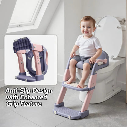 2-in-1 Toddler Toilet Ladder Seat – Adjustable Potty Training Seat with Non-Slip Steps & Anti-Slip Pads, Foldable for Boys & Girls, Bathroom Toilet Trainer (Grey Green Purple)