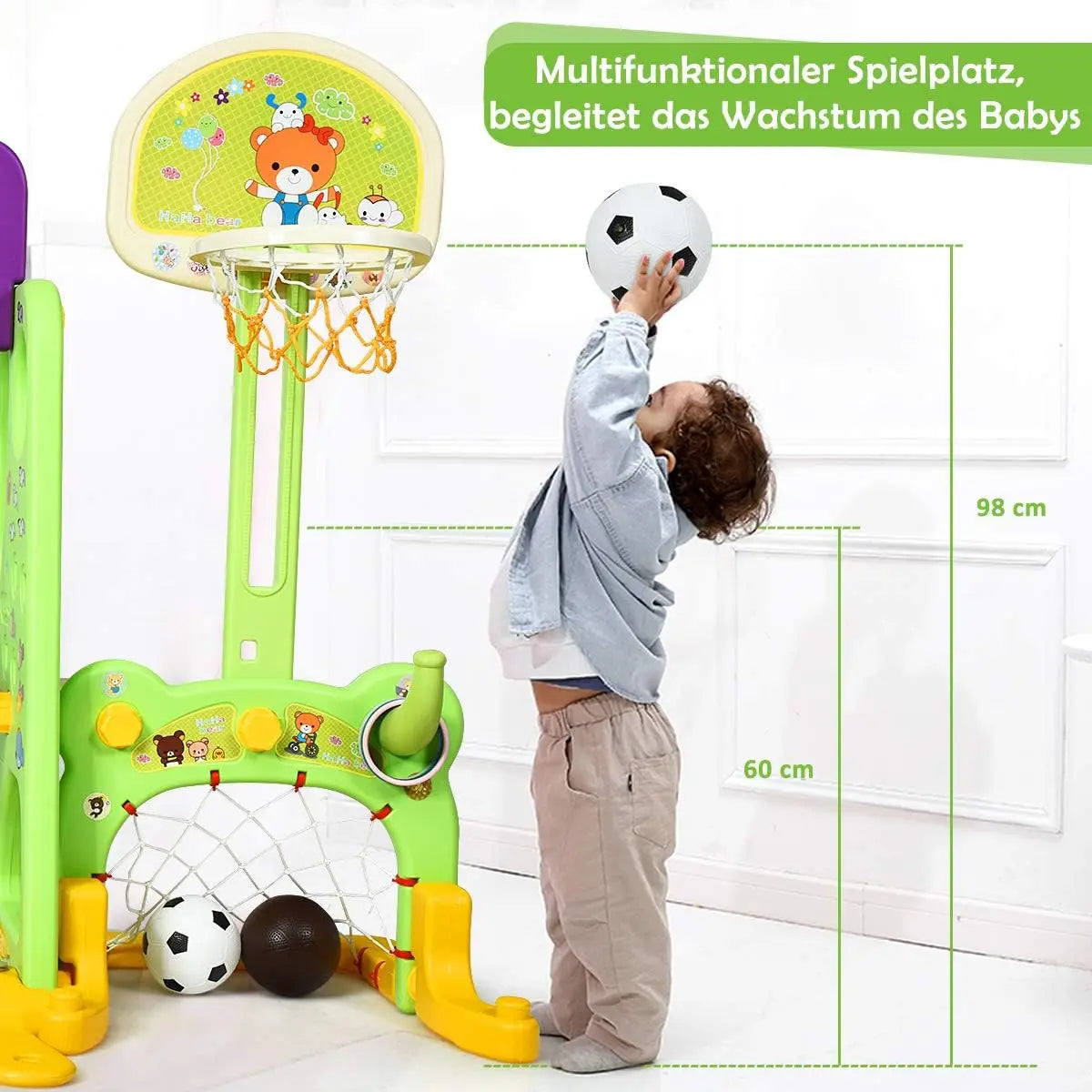6-in-1 Children's Slide with Swing,Slide with Basketball Hoop&Football Goal&Throwing Game&Desk Top,for Children from 3 Years