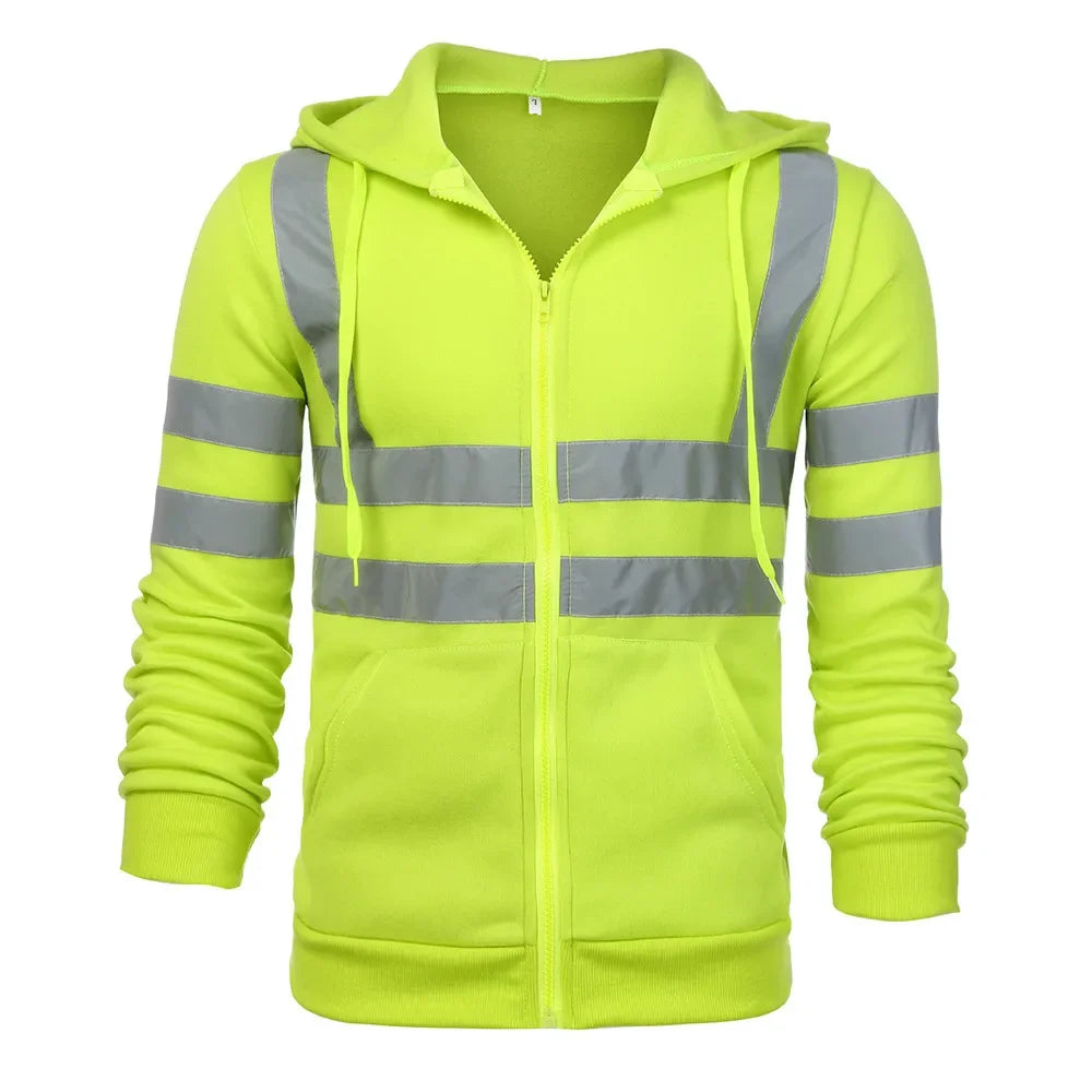 Men Reflective Strip Hoodies Casual Fit Work Safety Jackets Autumn Thin Fleece Hooded Zipper Sweatshirt Coats Workwear For Men