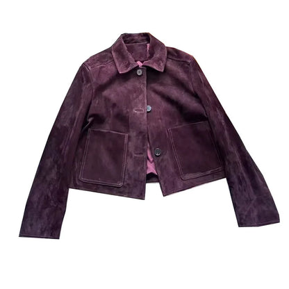 European Imported Kid Suede Leather Jacket for Woman High Grade Turn Down Collar Pocket Short Cropped Coat Long Sleeve Top Mujer