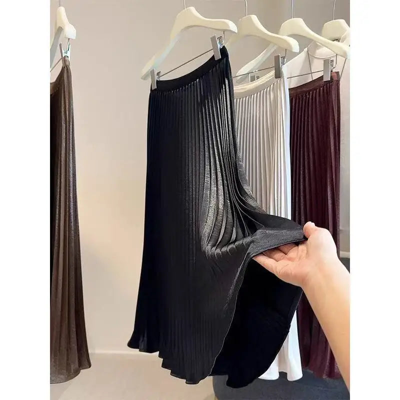 Women Summer Solid Pleated Satin Long Skirt Korean New Fashion Ladies Work Casual Elastic High Waist A Line Party Loose Skirts