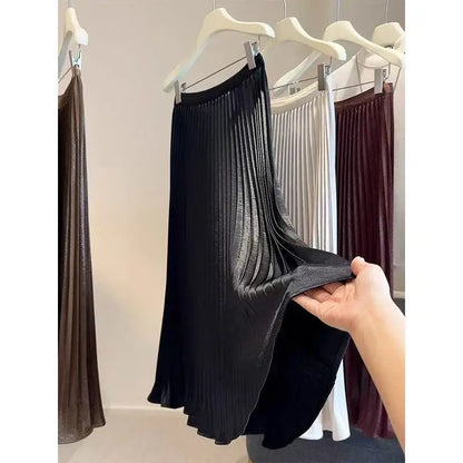 Women Summer Solid Pleated Satin Long Skirt Korean New Fashion Ladies Work Casual Elastic High Waist A Line Party Loose Skirts