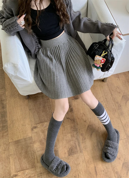 White Knitted Pleated Skirt Women Autumn Winter 2025 New High Waist Mini Skirt Lady's Fashion Korean Solid Women's Short Skirts