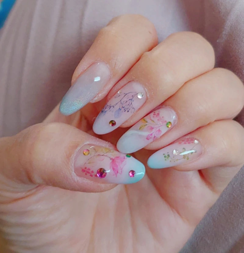 3d Nail Art Decals Watercolor Florals Purple Green Pink Flowers Leafs Fruit Adhesive Sliders Nail Stickers For Manicure