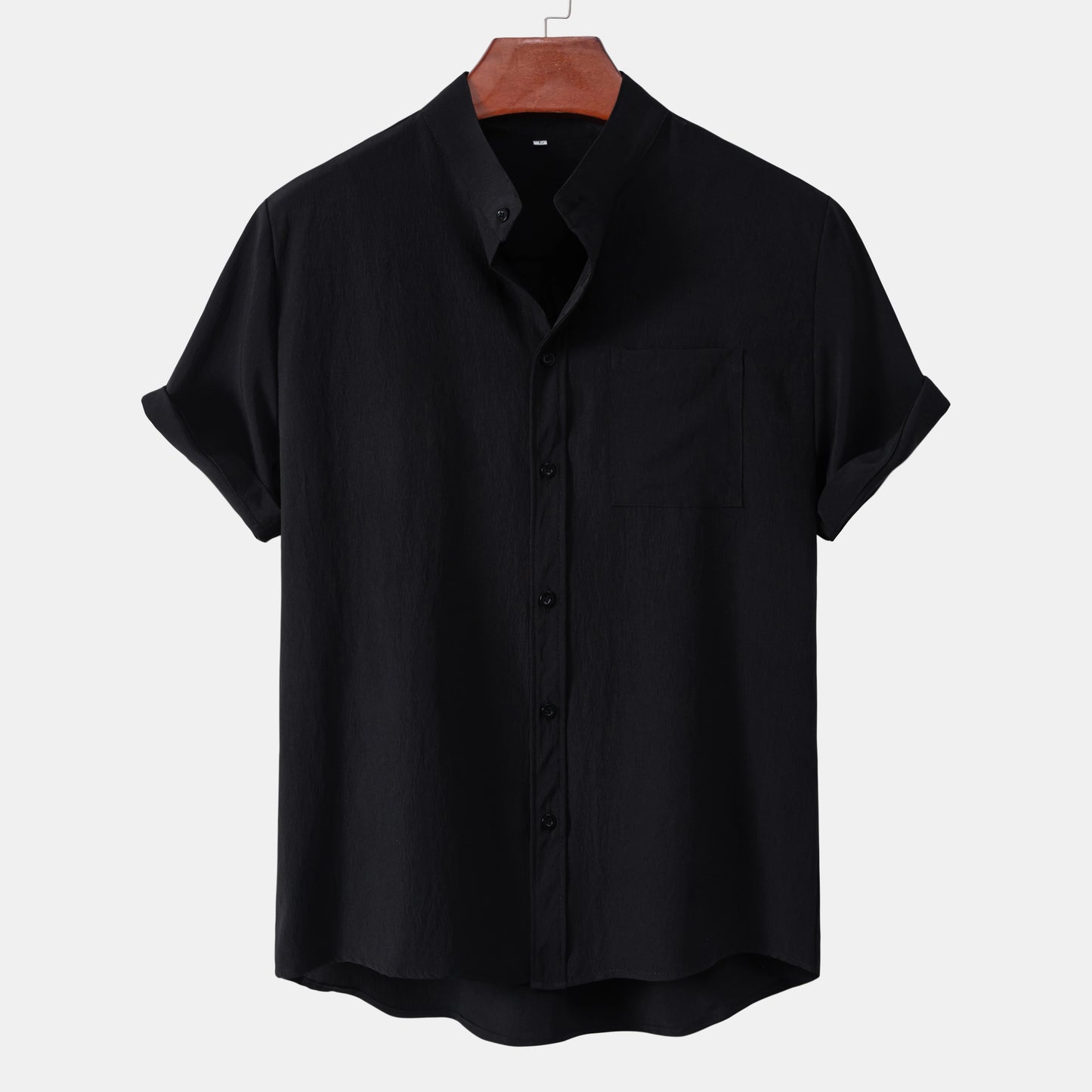2026New men's short sleeved solid color standing collar cardigan casual shirt for foreign trade