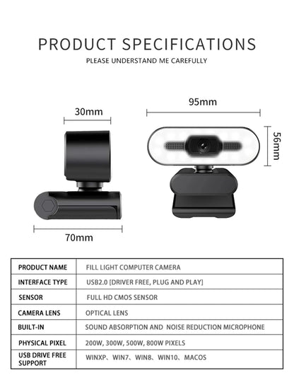 Portable Full HD 1080P 2K 4K Webcam PC Laptop Auto Focus Webcam Live Streaming Flexible with Microphone Live Broadcast withLight
