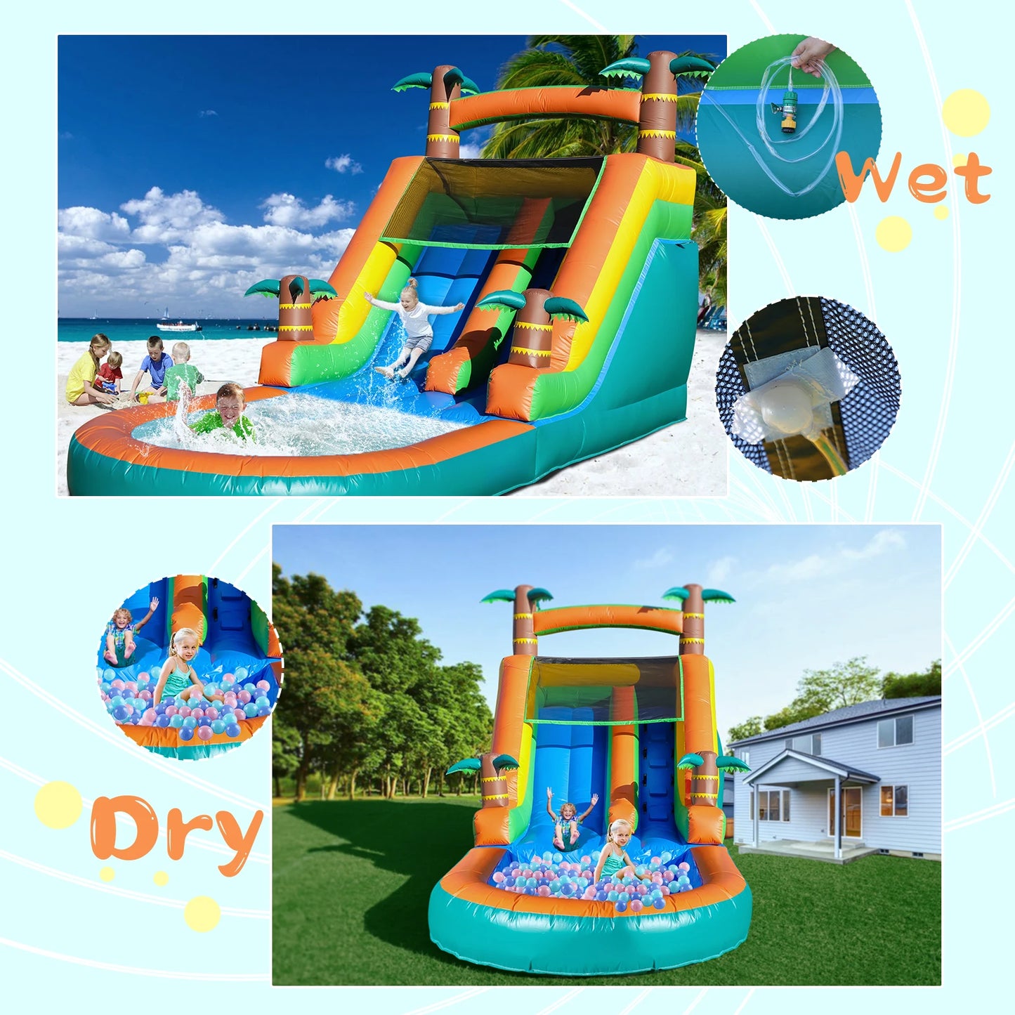 6.4m Commercial Inflatable Bounce House Tropical Water Slide Pool 950w Blower Children's playground, children's toys