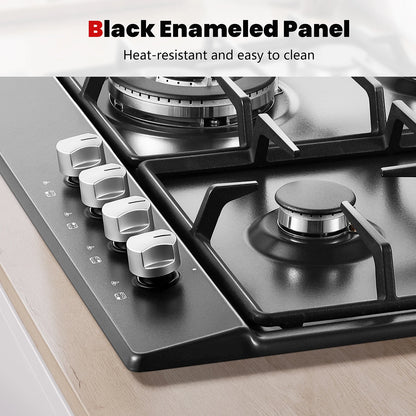 4 Burners Black Enamelled Plate 58 cm Automatic Flame Protection, Natural Gas and Propane Gas, Built-in Gas Hob