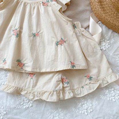 Girls' Summer Fashion Set Children's Flower Print Flying Sleeve Top+Shorts Two Piece Cute Little Girl Refreshing Set