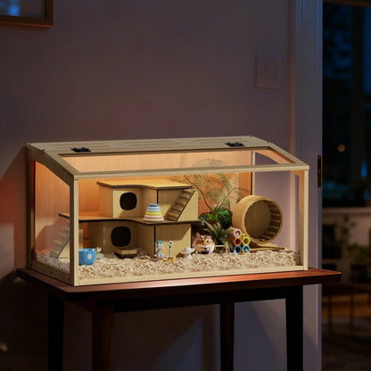 Large Wooden Hamster Cage Clear Tempered Glass Pet Small Animal Habitat Cage Playful Hutch House