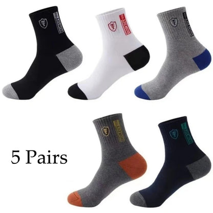 5 Pairs Cotton Sock for Men Sport Breathable Soft Letter Fashion Sneakers High Elastic Middle Tube Stocking Towel Sox Summer