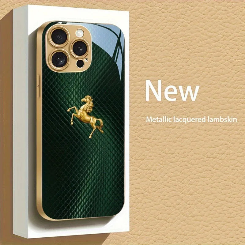 Green Plaid Gold Horse Pattern Metallic Paint Glass Phone Case For iPhone 17 16 15 14 13 12 11 Pro Max 15 Plus 17 Air 16E Cover