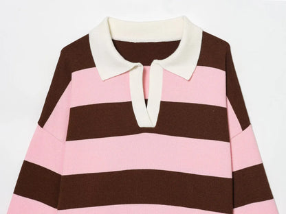 Sweater knitted Pullover Women's Spring 2026 New Fashion Striped Loose Polo neck Warm Women Sweater Chic Youth Holiday Pullover