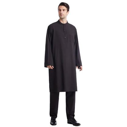 Muslim Men Jubba Thobe 2 Pice Set Top with Pant Mens Abaya Long Islamic Eid 2025 Ramadan Long Robe Saudi Wear Caftan Dubai Arab