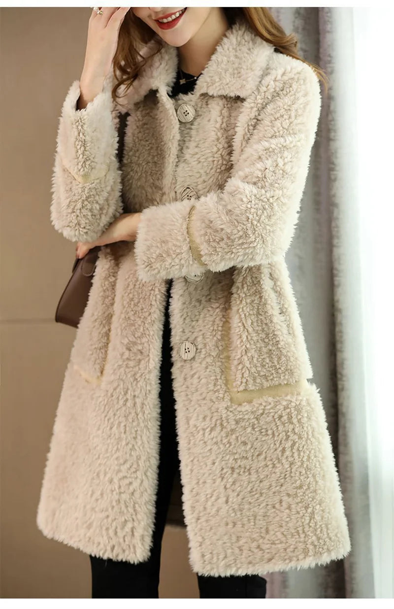 Female Winter Slim Grain Wool Middle Long Coat Women New Middle-Aged And Elderly Cashmere Thickened Imitation Lamb Wool Overcoat