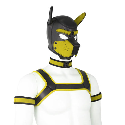 Large Size Puppy Cosplay Neoprene Fetish Hood Mask Kit with Chest Strap Collar Armband Sex Costumes for Bdsm Slave Role Play