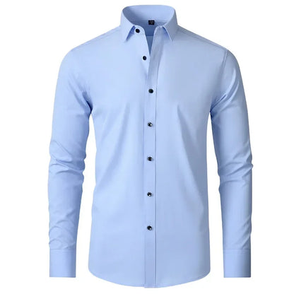 Men's long-sleeved shirt made of elastic fabric, wash-and-wear wrinkle-resistant business casual, silky smooth, pure color shirt