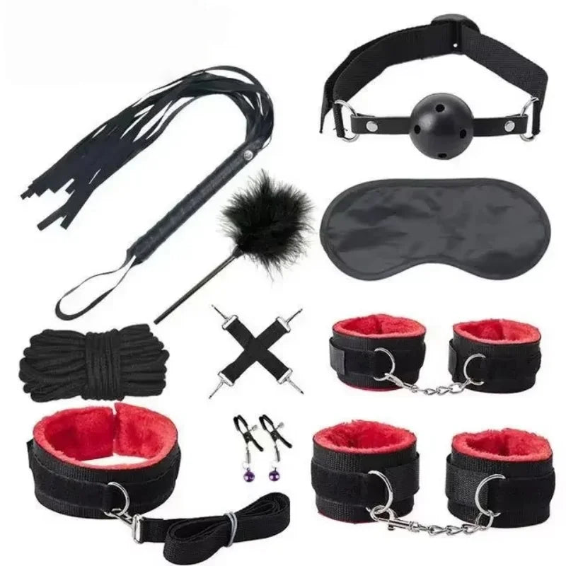 Erotic Bdsm Set Sexy Leather Plush Sex Toys Bondage Kit Handcuffs Feather Blindfold Flirt Exotic Accessories Couples Adult Games