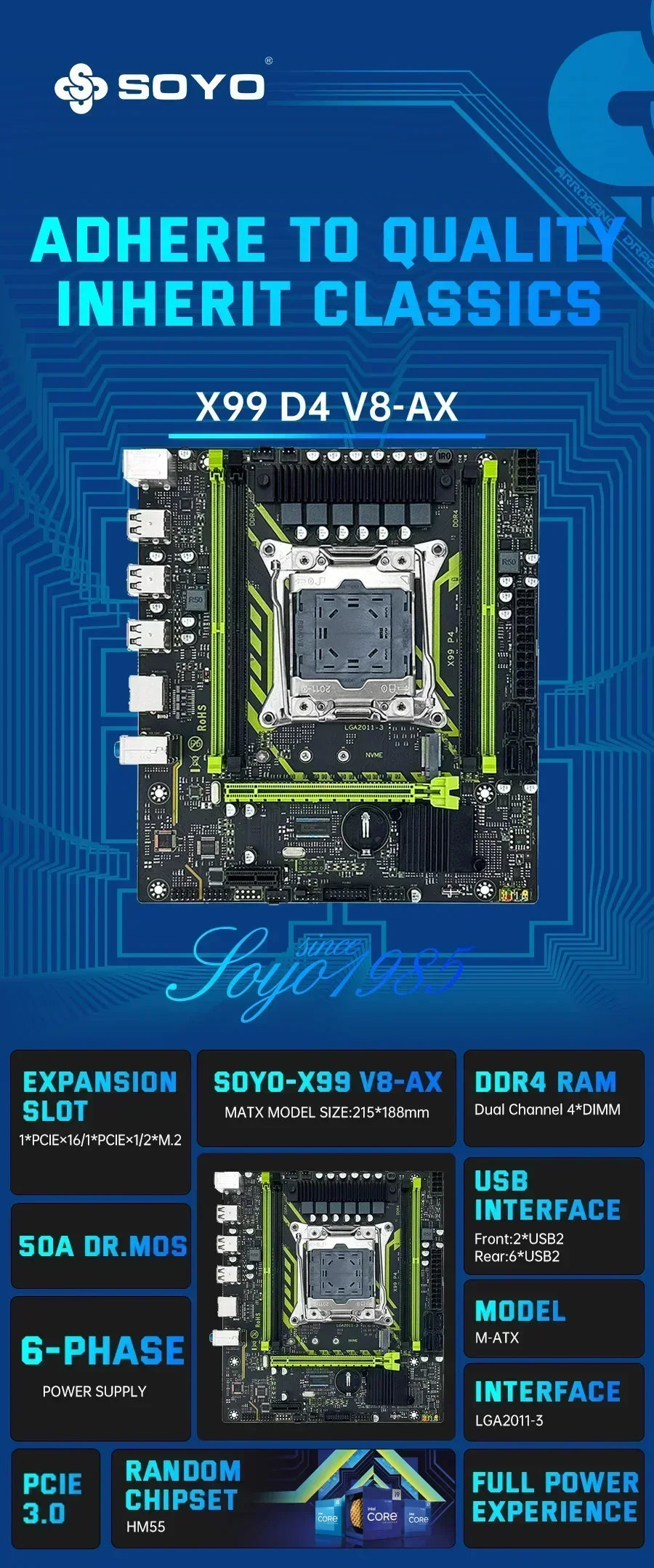 SOYO X99 Motherboard Set With LGA2011-3 Xeon E5 2630 V4 CPU DDR4 8GB (1*8GB)  2133MHz RAM NVME M.2 SATA Computer Accessories