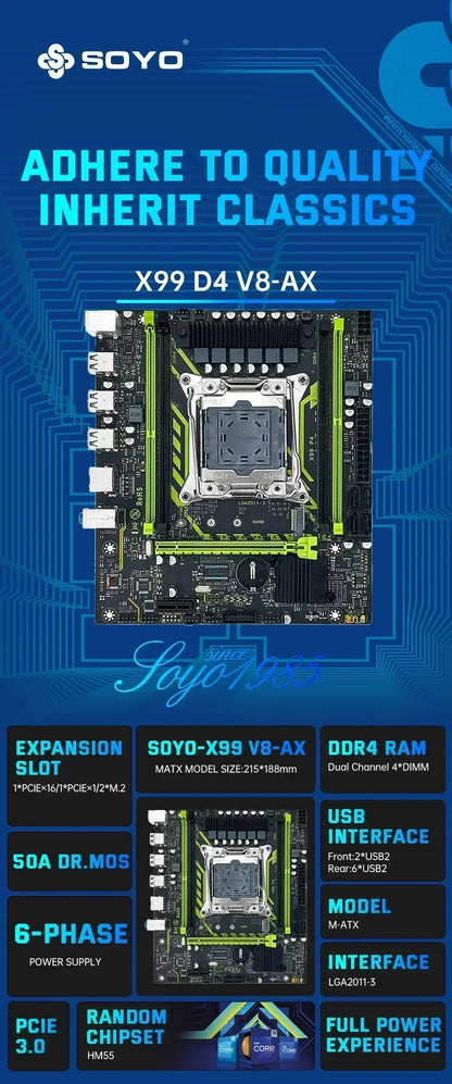 SOYO X99 Motherboard Set With LGA2011-3 Xeon E5 2630 V4 CPU DDR4 8GB (1*8GB)  2133MHz RAM NVME M.2 SATA Computer Accessories