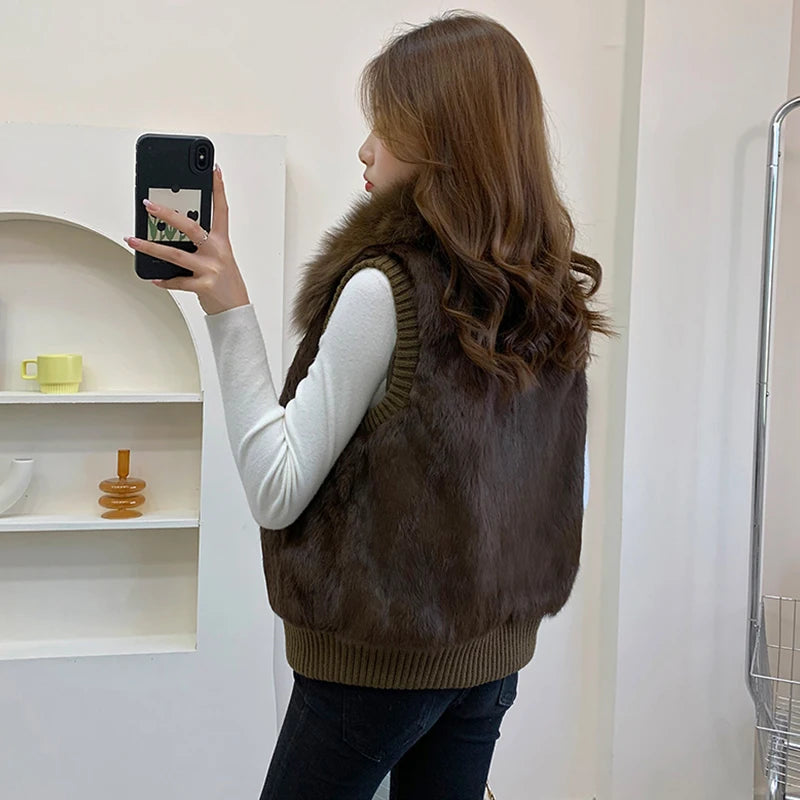 Women's Genuine Real Rabbit Fur Vest Coat Knitting Winter Fox Fur Collar Fur Jacket Casual Short Outwear Slim with Zipper