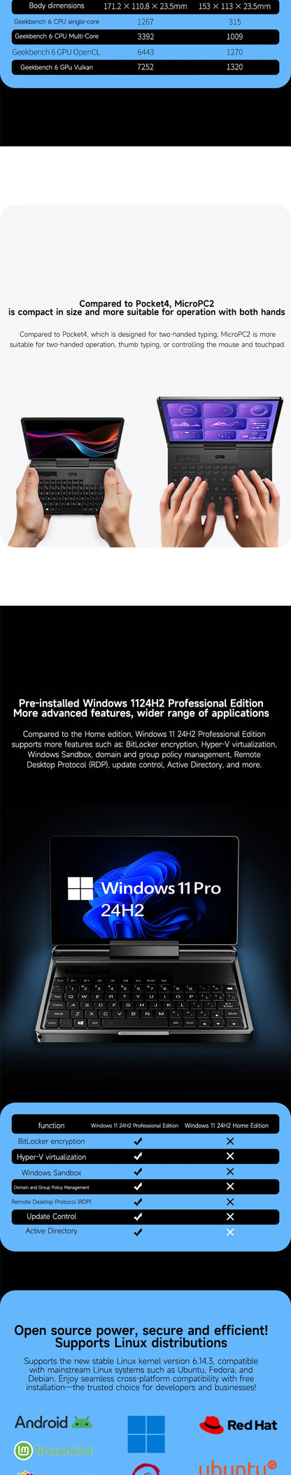 GPD MicroPC 2  2025  7-inch  Intel i3-N300 Windows 11 24H2 Pro Edition  16GB RAM | 512GB/1TB/2TB/4TB SSD  Palm-sized Mini Laptop