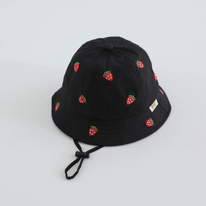 Boys Cute Sun Bucket Cap 48-50cm Spring Summer New Girl Fisherman Hat with Strawberry Embroidery Fashion Kids Toddler Outfit Cap