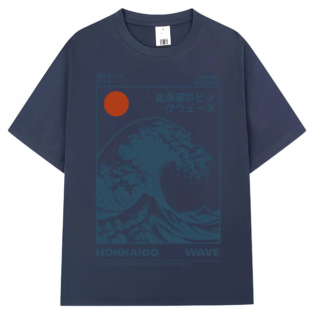 Japanese Style Hokkaido Wave Vintage T-shirt Men Women Harajuku Fashion High Quality T Shirts Oversized Cotton Summer Tee Shirt
