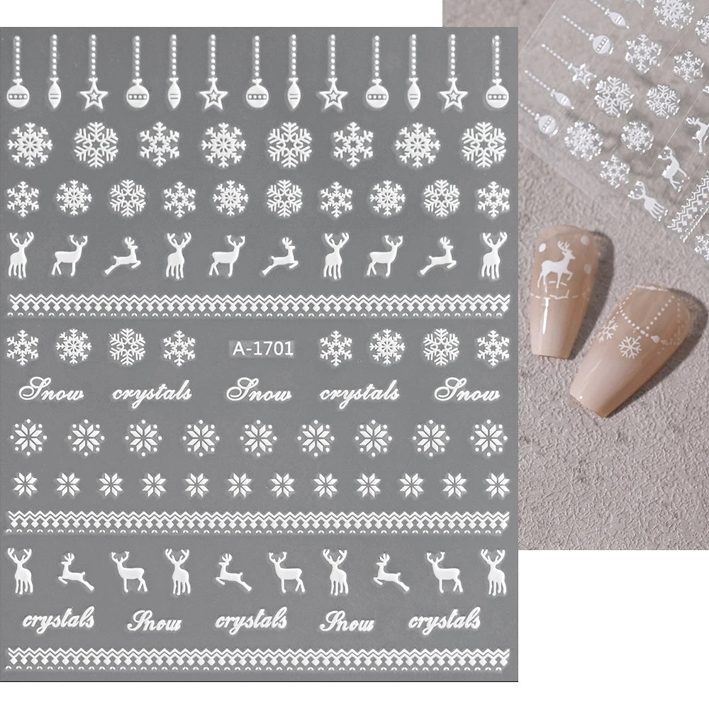 1sheet 3D White Snowflakes Nail Stickers for Christmas Winter Snow Flower Self-adhesive Nail Art Decals DIY Manicure Decorations