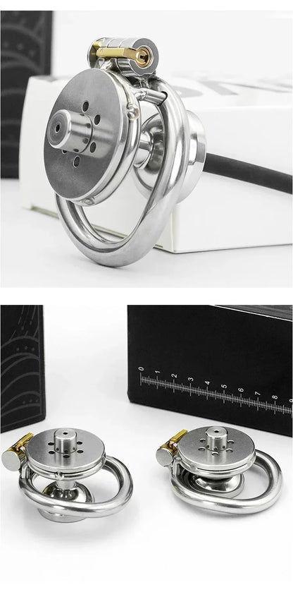 Urethral Inverted Negative Male Chastity Lock Flat Cock Cage with Metal Urethral Catheter for Couple Men Penis Ring Bondage BDSM