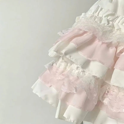 Lolita Tiered Ruffle Mini Skirt with Lace Trim Kawaii Cake Skirt Women Sweet Pink Skort Coquette Fairycore Soft Girls Cute Y2K
