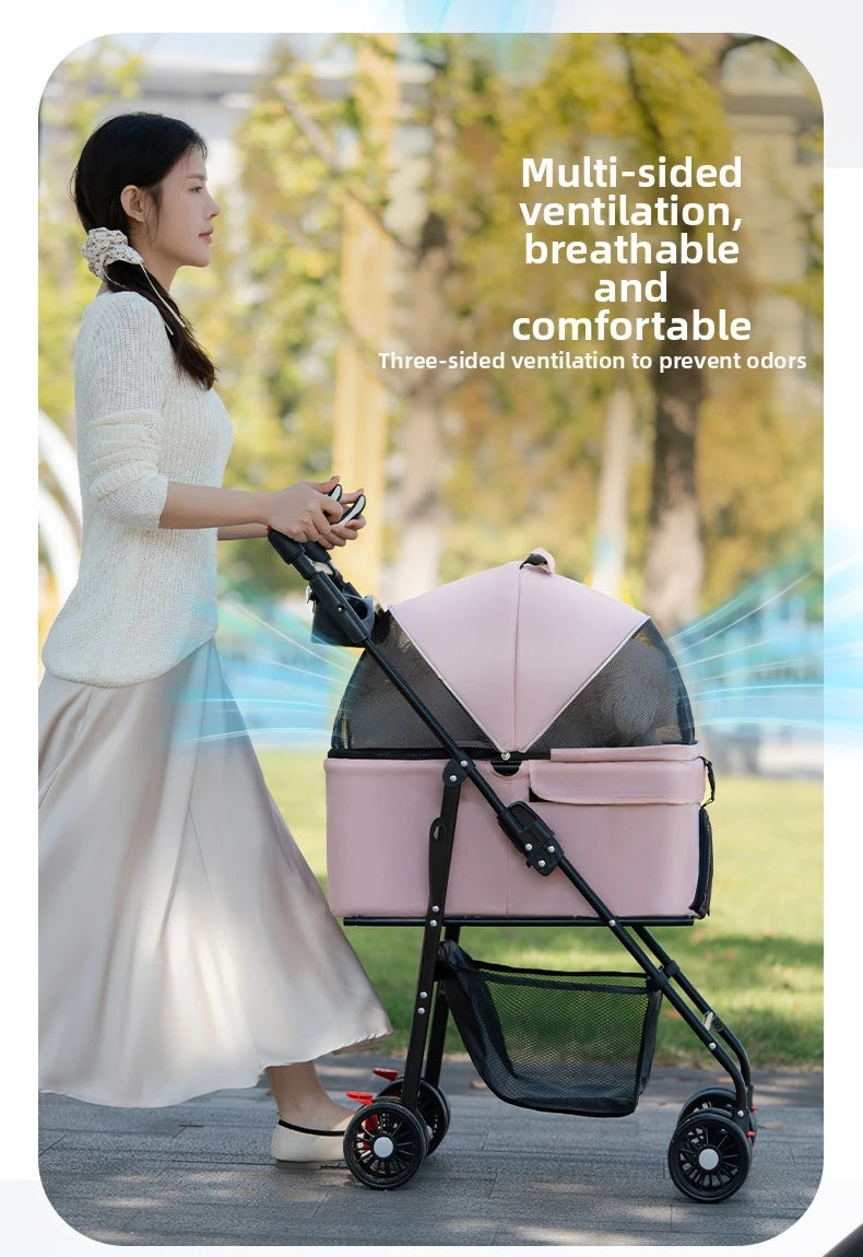 Pet Transport Stroller Dog Cat Portable Foldable Lightweight Detachable 4-Wheel Oxford Mesh Small Medium Push Cart