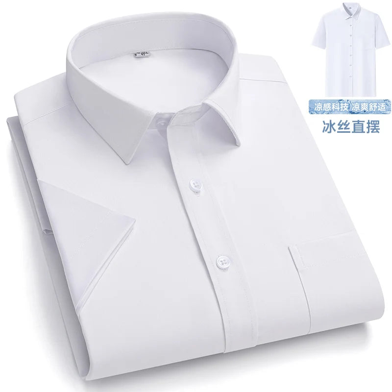 New Anti-Wrinkle Men Shirts Short Sleeves Dress Shirts For Men Slim Fit Camisa Social Business Blouse Pocket White Shirt S-7XL