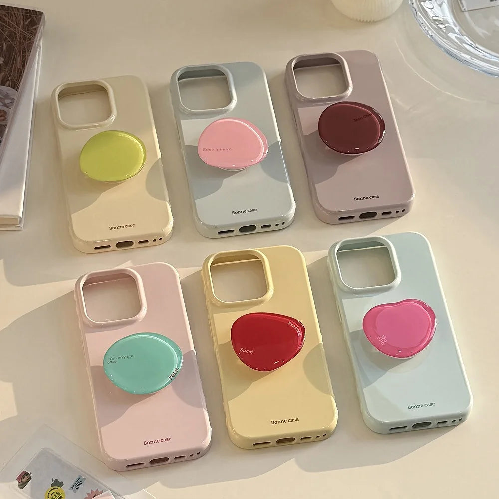 Korean INS Cute Solid Color Phone Case for iPhone 17 16 15 14 13 12 Pro Max Shockproof Protection Back Cover with Bracket