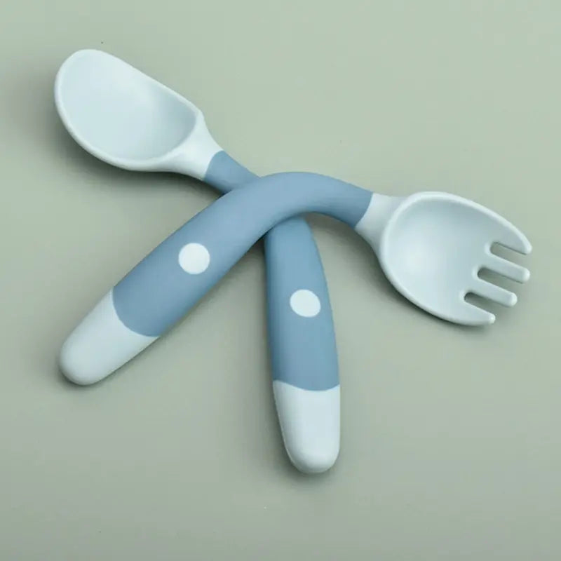 Baby Self Feeding Spoon Set 2Pcs, 360 Twist Anti-Drop Silicone Training Spoon + Fork for 6-24 Month Toddler BPA Free