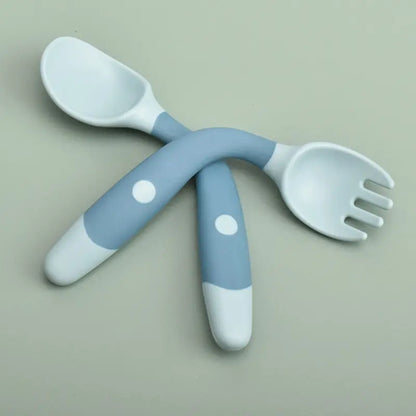 Baby Self Feeding Spoon Set 2Pcs, 360 Twist Anti-Drop Silicone Training Spoon + Fork for 6-24 Month Toddler BPA Free