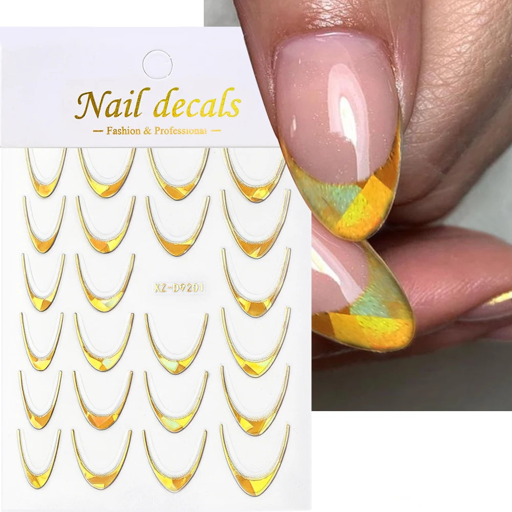 3D Gold Stamping V-Shaped French Tips Nail Art Stickers Retro Metal French Line Nail Decals Chrome Curved Strip Nail Decoration