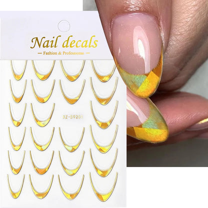 3D Gold Stamping V-Shaped French Tips Nail Art Stickers Retro Metal French Line Nail Decals Chrome Curved Strip Nail Decoration