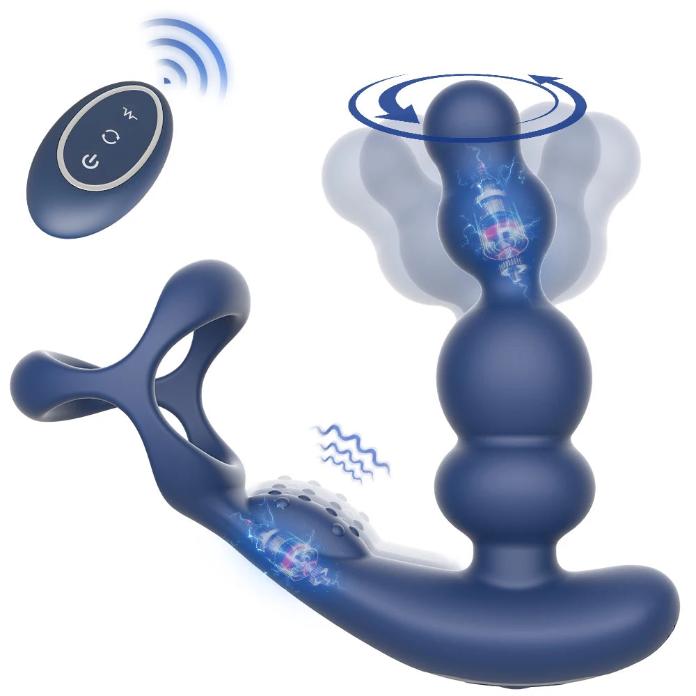 Anal Vibrator 360 Rotate Anal Beads Male Prostate Massager with Cock Ring Wireless Control Vibrating Butt Plug Sex Toys for Men