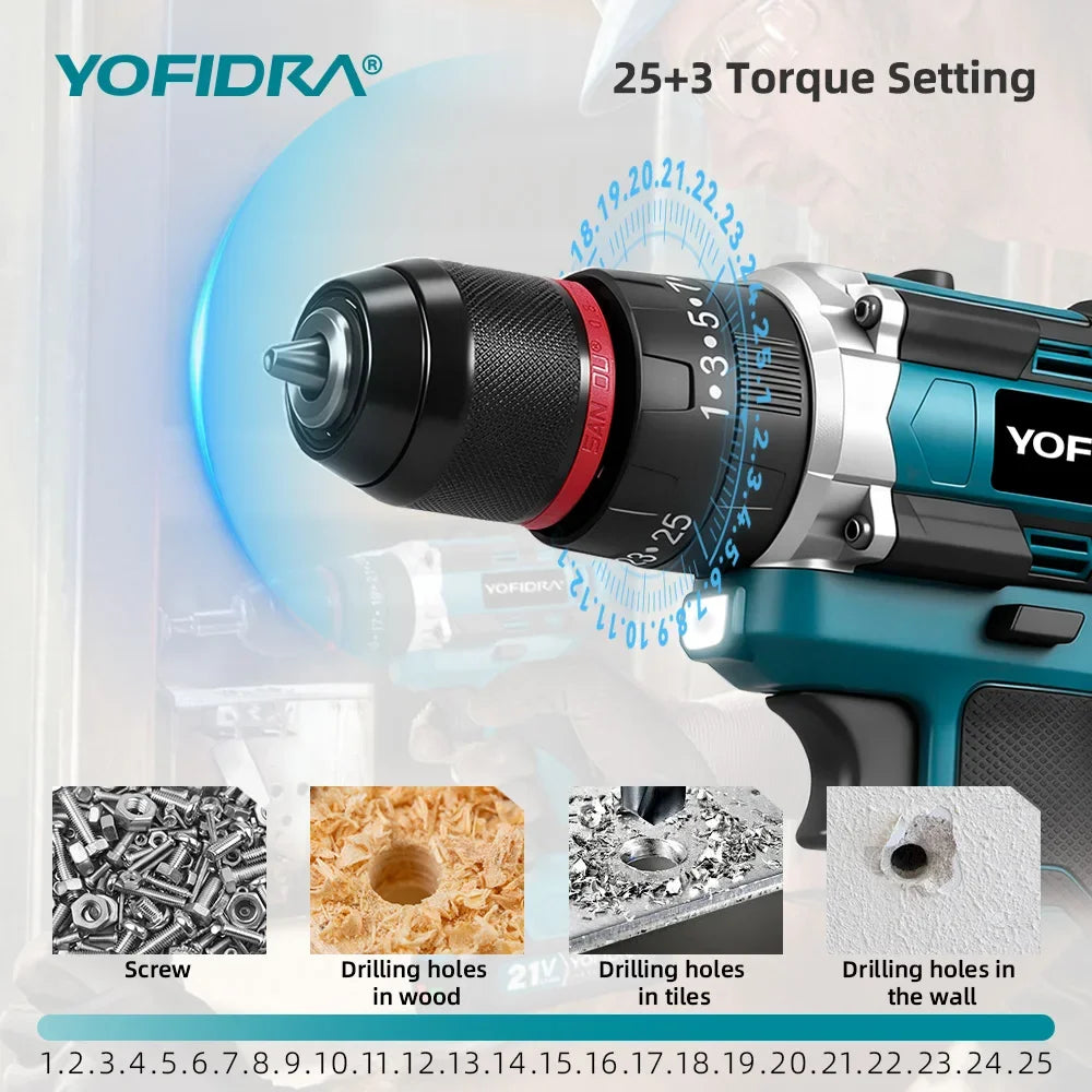 YOFIDRA  3 IN 1 25+3 Torque Electric Impact Drill Cordless Impact Drill Househeld Woodworking Power Tool for Makita Battery Pin