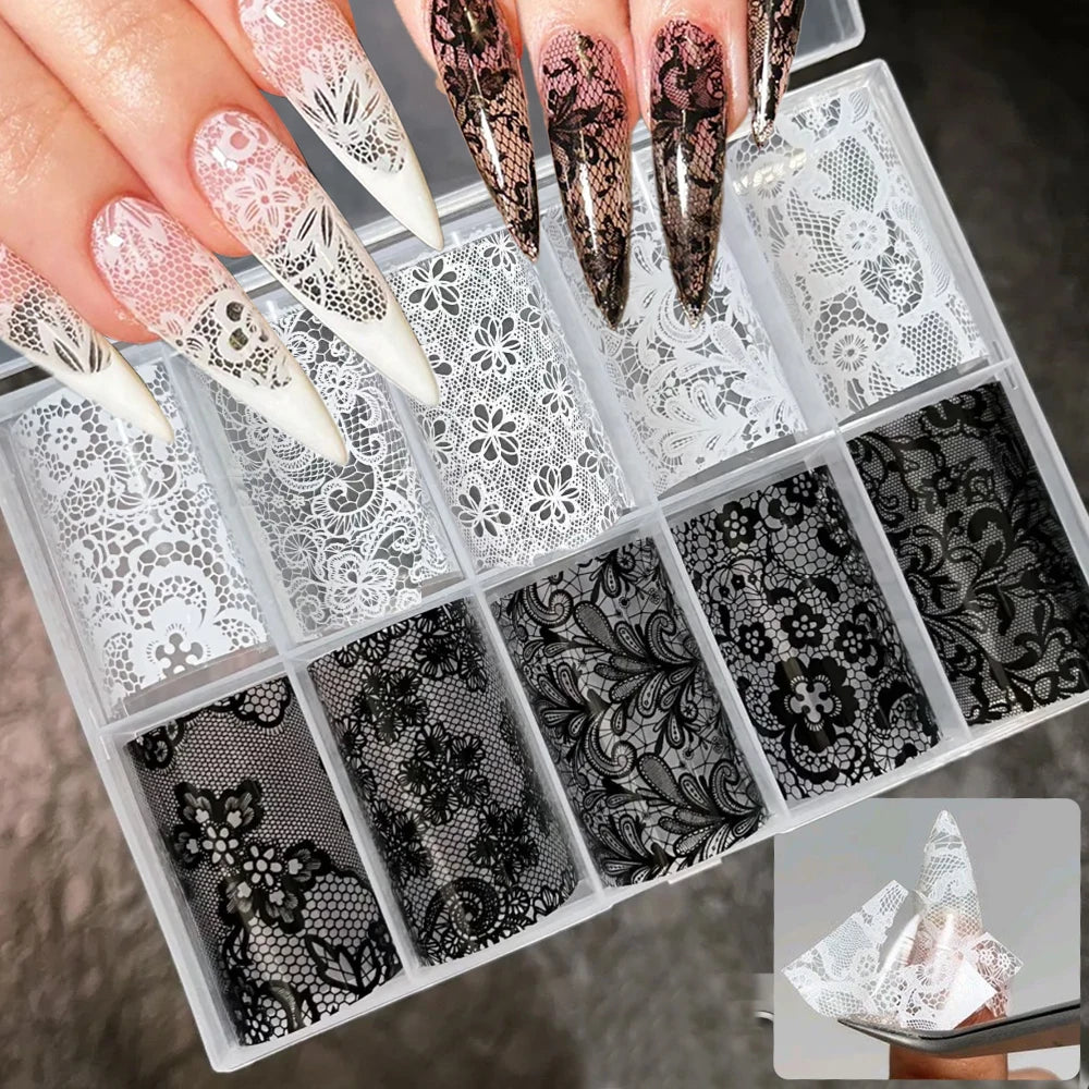 10 Rolls 4x50CM Black White Lace Transfer Nail Sticker Sexy Flower Lace Nail Art Transfer Foils Paper for DIY Manicure Decals*@#