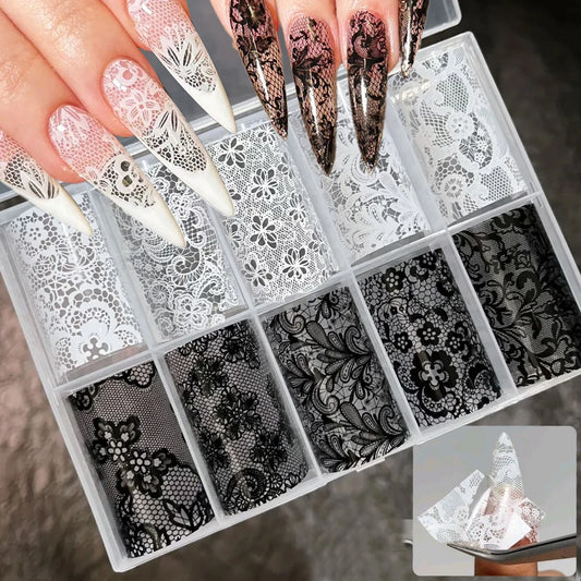 10 Rolls 4x50CM Black White Lace Transfer Nail Sticker Sexy Flower Lace Nail Art Transfer Foils Paper for DIY Manicure Decals*@#