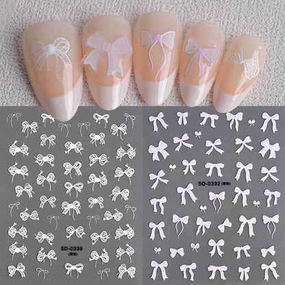 1pcs 5D White Lace Bowknot Nail Art Sticker Sweet Pearl  Bow Ribbon Self-Adhesive Nail Slider DIY Luxury Nail Decorations Decals