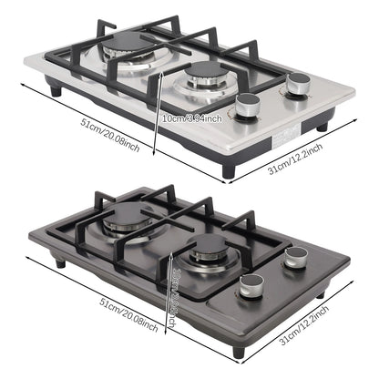 2-Burner Stainless Steel Gas Hob 3KW+1.75KW Portable Gas Stove Countertop/Flush Mounted 51*31*10cm