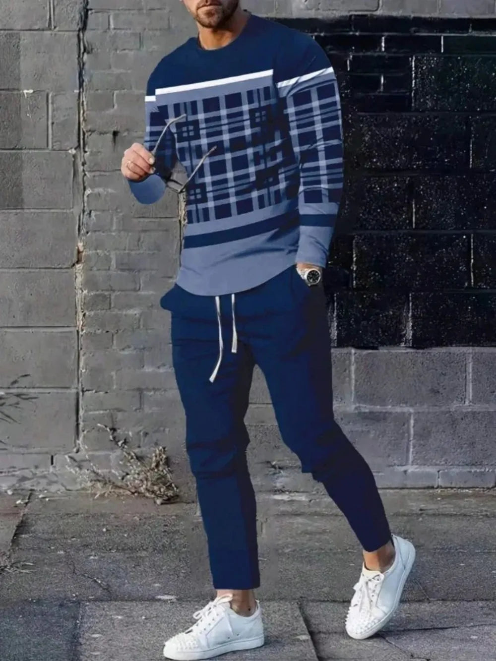 Fashionable summer men's striped patchwork print breathable round neck long sleeved pants set outdoor casual wear