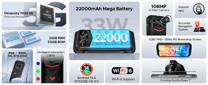 DOOGEE V Max Pro 5G Rugged Phone Dimensity 7050 6.58'' 120Hz 22000mAh Large Battery 12GB+512GB Lighting Effects 5g Smartphone