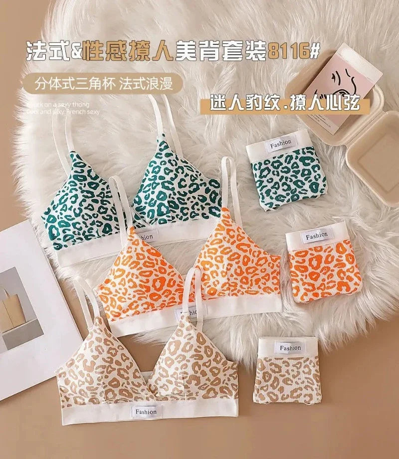 Summer New Women's Leopard Print Traceless and Steel Rim Bra Adjustable Shoulder Strap Back Women's Underwear Set