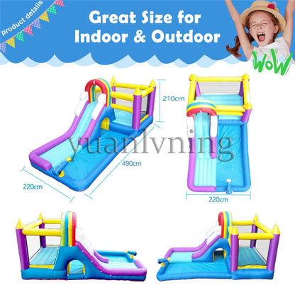 Inflatable Water Slide Bounce House Children Splash Pool Rainbow Castle Kids Outdoor Backyard Water Park with Air Blower