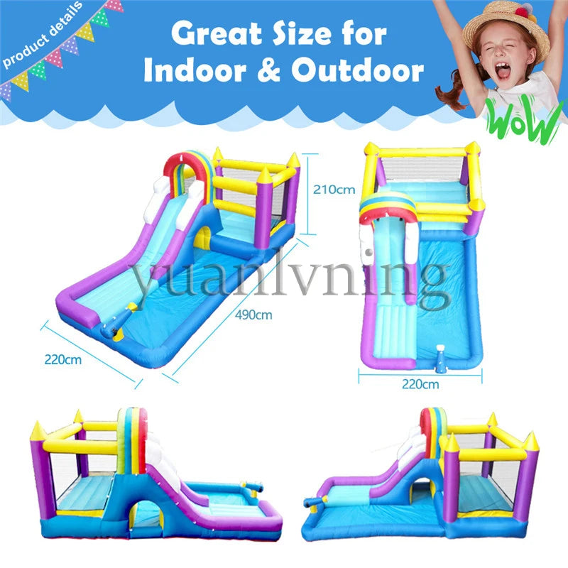 Inflatable Water Slide Bounce House Children Splash Pool Rainbow Castle Kids Outdoor Backyard Water Park with Air Blower