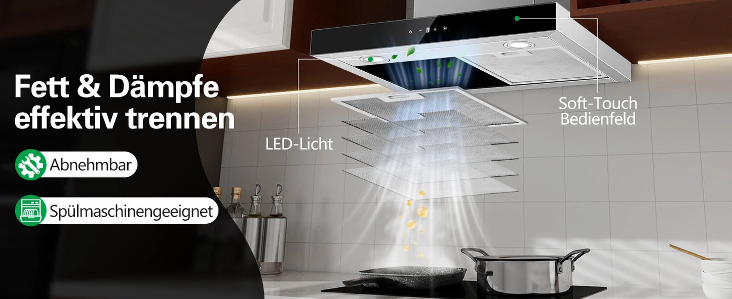 Topstrong 60cm Wall Mounted 400m³/h A+++ LED Touch Control Stainless Steel Extractor Fan Quiet 52dB Kitchen Hood
